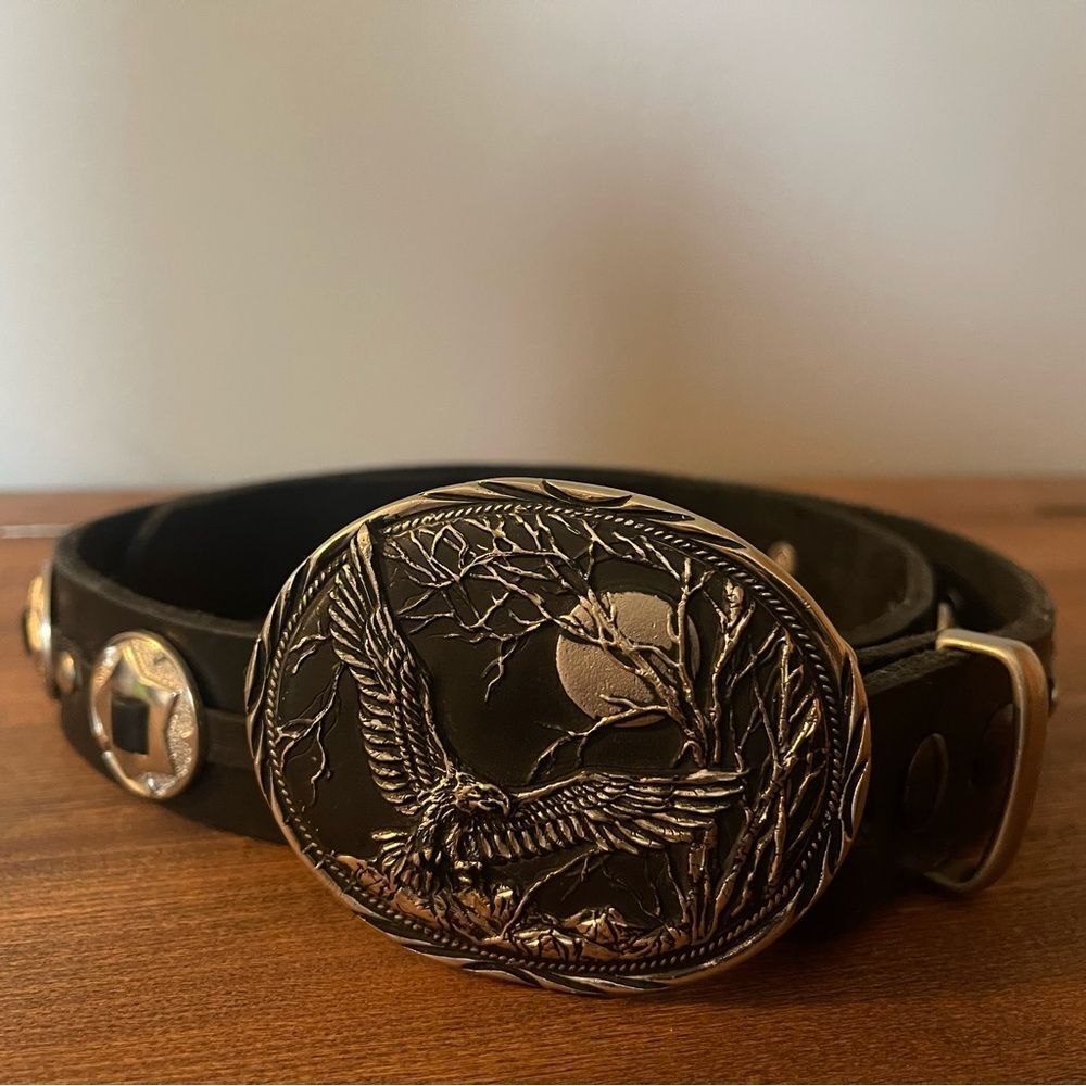Western Eagle Belt | Tooled Leather Belt with Detailed Silver Buckle Vintage 34